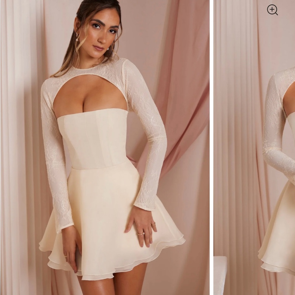 Elegant Beige Lace Long Sleeve Dress